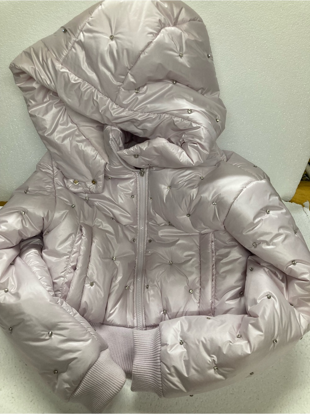 Forever 21 Pale Pink Quilted Puffer Jacket with Rhinestone Studs